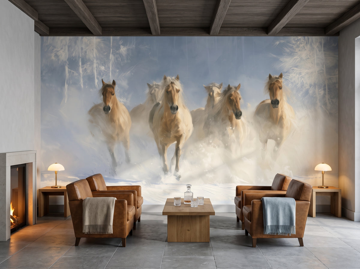 POWDER STAMPEDE en una ambientación de salón de hotel: fila de caballos en la nieve sobre sillones de cuero caramelo y una mesa de roble