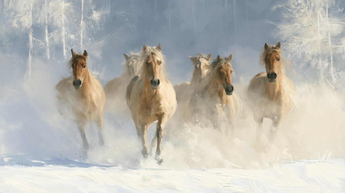 POWDER STAMPEDE – diseño completo: seis caballos beige dorado galopan en una nube de nieve ante un bosque azul grisáceo