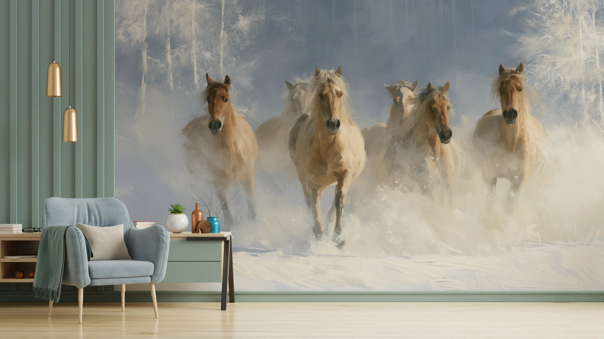 POWDER STAMPEDE, pared de salón: caballos dorados y beiges corren de frente entre una nube de nieve; a la izquierda, panel verde y sillón celeste