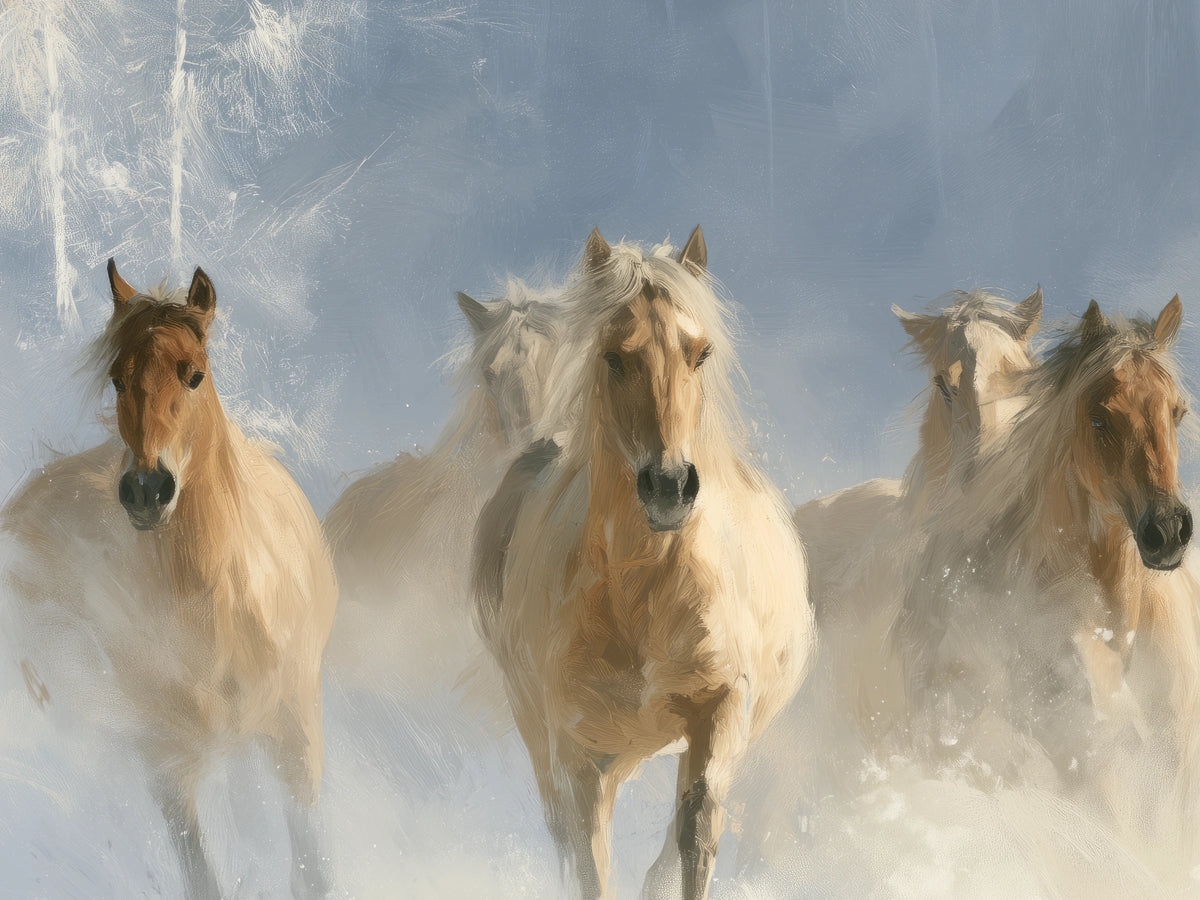 POWDER STAMPEDE de cerca: a la izquierda, un caballo más oscuro con lista blanca; en el centro, uno dorado de crin clara; abajo, nieve en polvo