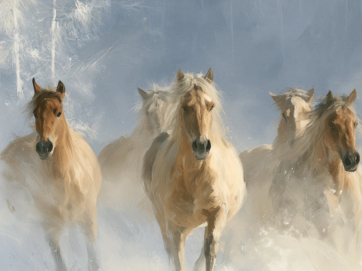 POWDER STAMPEDE de cerca: a la izquierda, un caballo más oscuro con lista blanca; en el centro, uno dorado de crin clara; abajo, nieve en polvo