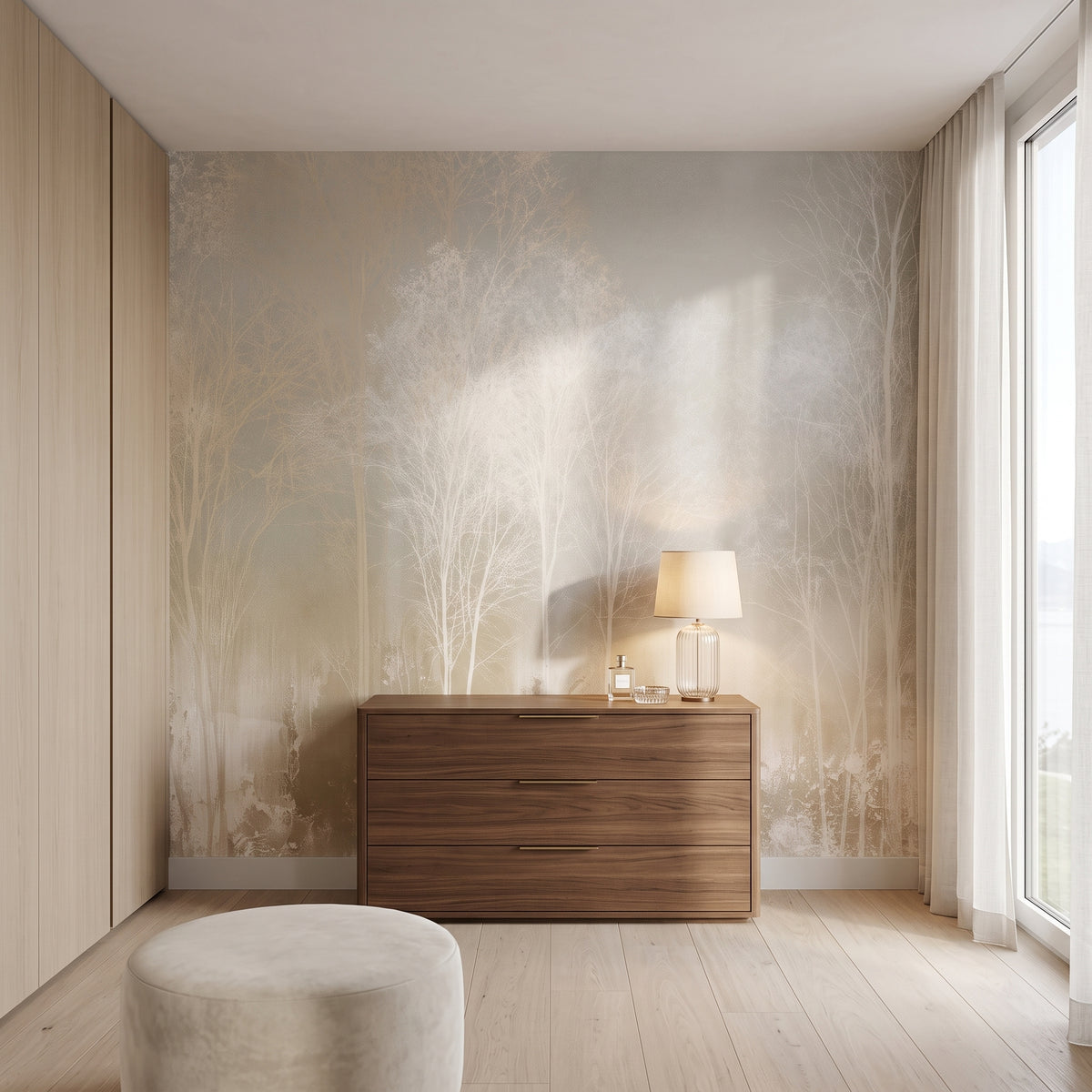 PROCESSION en mise en scène dans le dressing d'une villa au bord du lac Léman, devant le mur une commode en noyer et un pouf crème