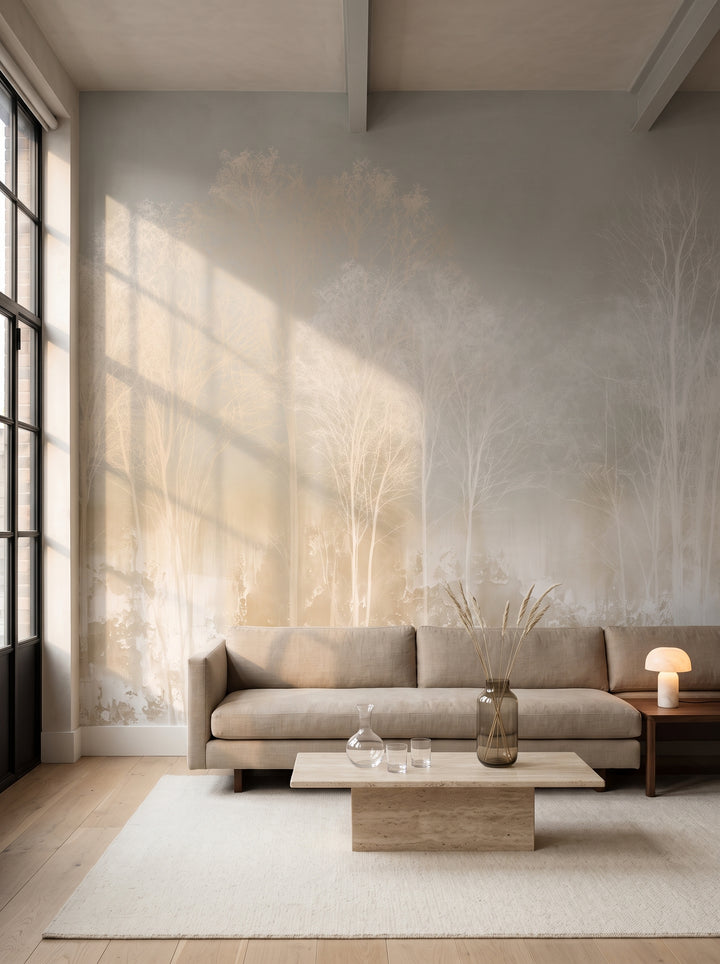 PROCESSION en mise en scène dans le salon d'un loft à Tribeca, devant le mur un canapé bas en lin et une table basse en travertin