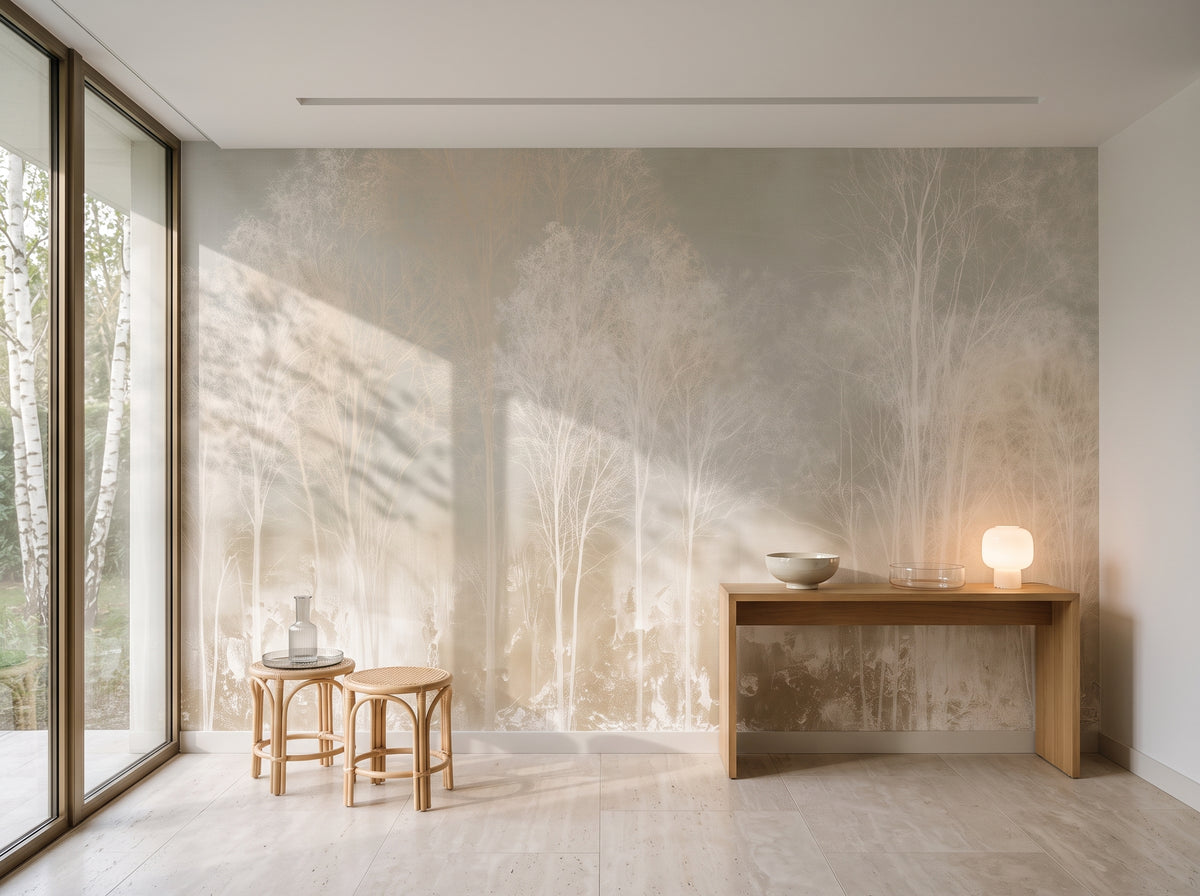 PROCESSION en mise en scène dans la galerie d'entrée d'une villa moderniste à Bruxelles, devant le mur des tabourets en rotin et une console en chêne