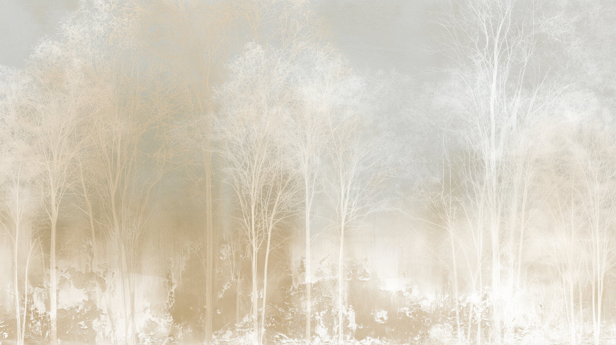 Aperçu du motif : PROCESSION – motif complet : rangée d'arbres élancés dans la brume sous un ciel pâle, en bas une bande d'enduit écaillé