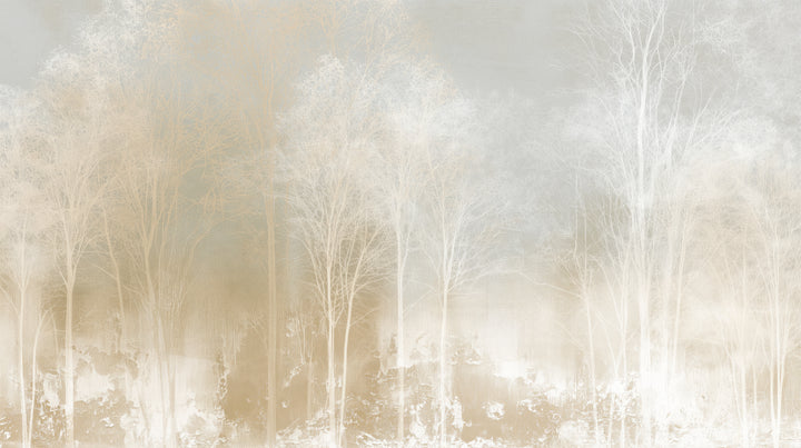 PROCESSION – motif complet : rangée d'arbres élancés dans la brume sous un ciel pâle, en bas une bande d'enduit écaillé