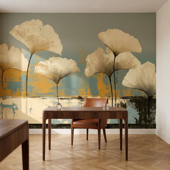 PROMENADE in an Art Deco study setting in Brussels, with a walnut desk and a cognac leather armchair in front of the wall