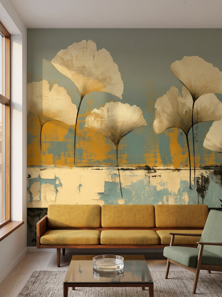 PROMENADE in a living room setting in a Danish house from the 1960s, with a low teak sofa, a sage armchair and a glass coffee table in front of the wall