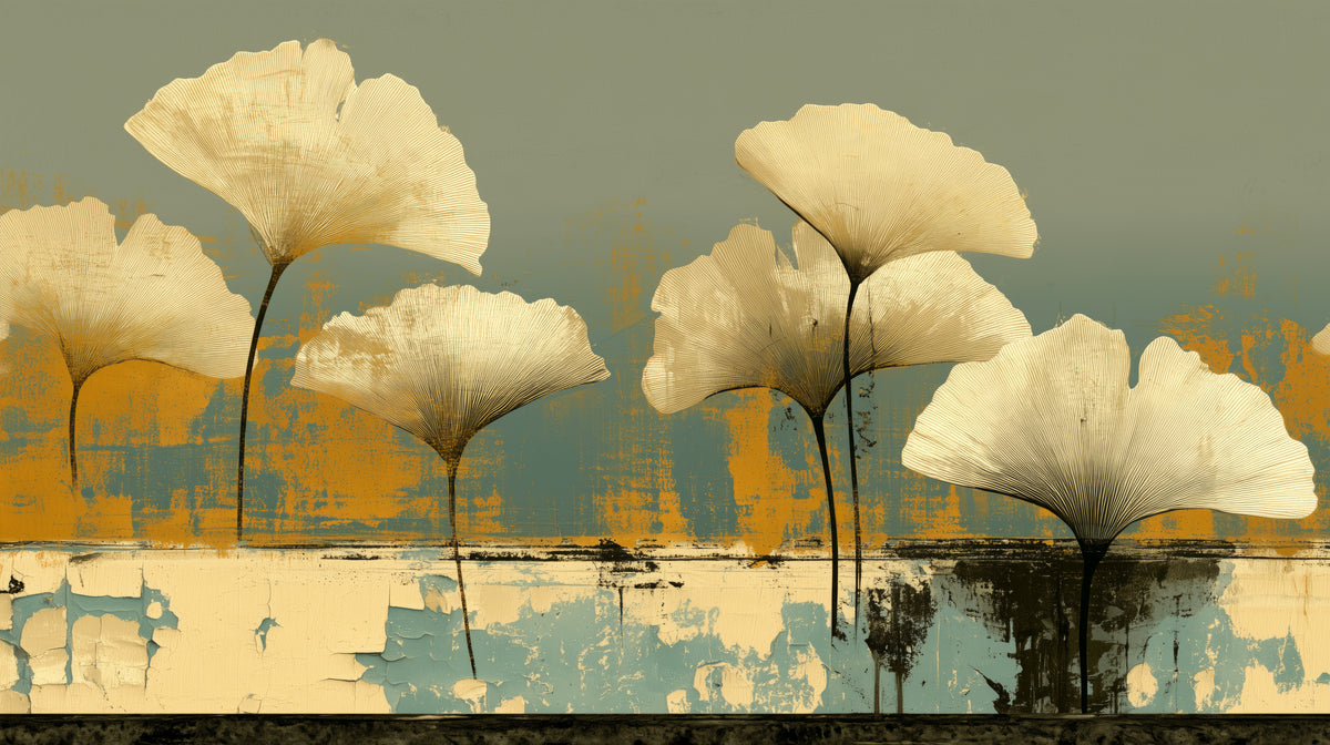 PROMENADE – cały wzór: sześć kremowych liści miłorzębu nad pasem ochry i łuszczącym się tynkiem w błękicie