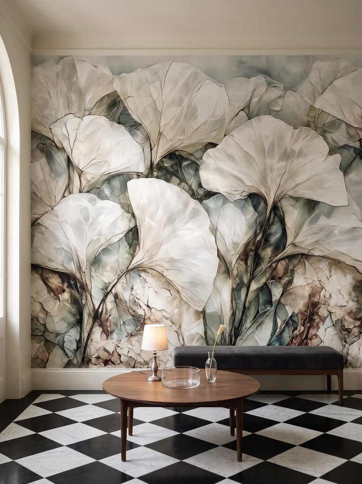 QUARTZ PANE in a hall setting in an Edwardian townhouse in Edinburgh, with a walnut table and a graphite bench in front of the wall