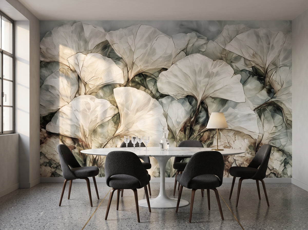 QUARTZ PANE in a dining room setting in a 1950s Milan apartment, with an oval marble table and chairs in front of the wall
