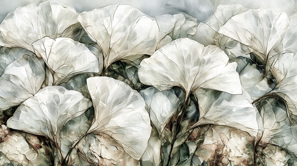 Pattern preview: QUARTZ PANE – the full design: white and pale grey ginkgo leaves with an almost black outline, like stained glass
