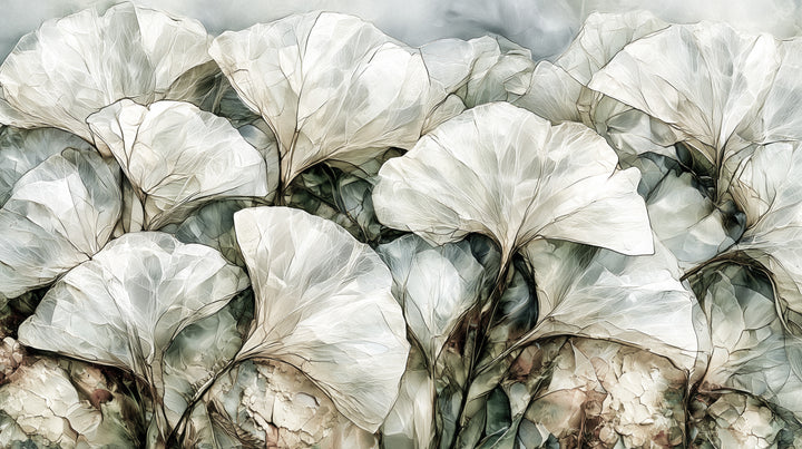 QUARTZ PANE – the full design: white and pale grey ginkgo leaves with an almost black outline, like stained glass