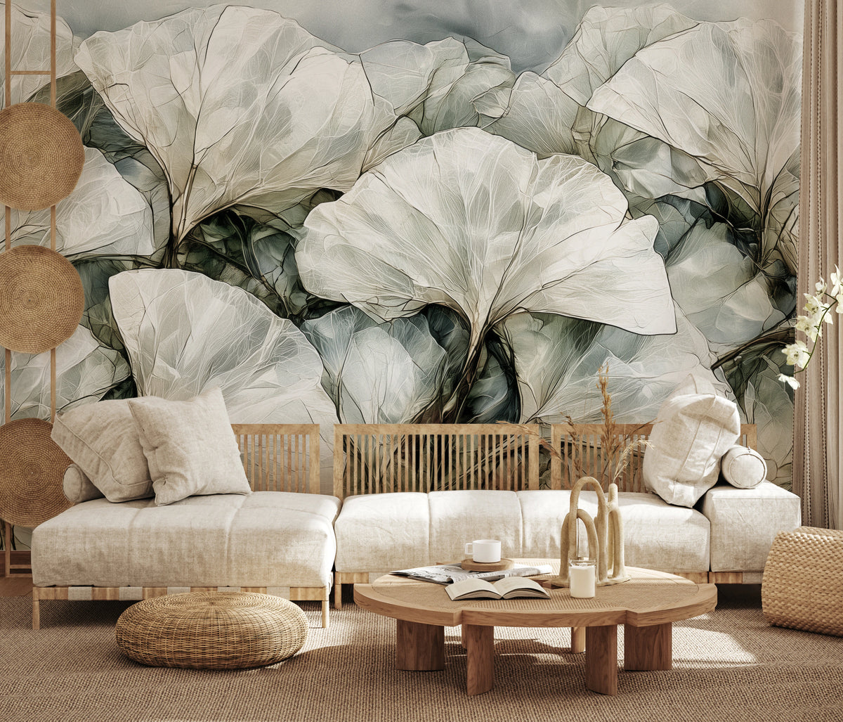 QUARTZ PANE across the whole wall of a bright living room with a long sofa; the largest leaf is nearly as wide as half the sofa