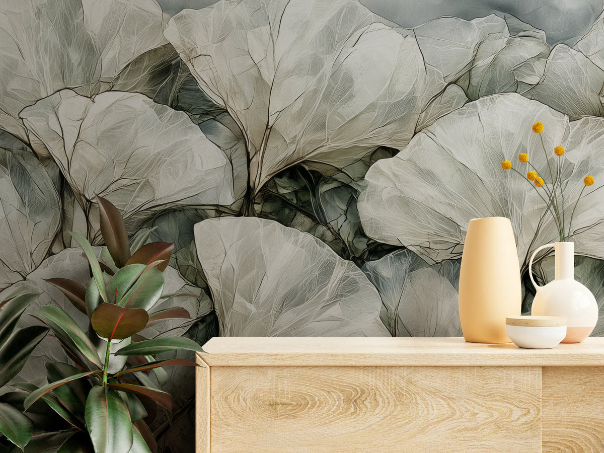 QUARTZ PANE close up above a pale chest of drawers with vases: dark outlines and graphite gaps between the white leaves