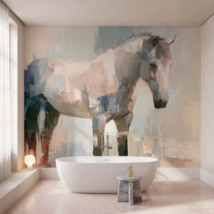 QUARTZ STILLNESS en la ambientación de un baño: caballo sobre una bañera exenta blanca, junto a un taburete de mármol gris