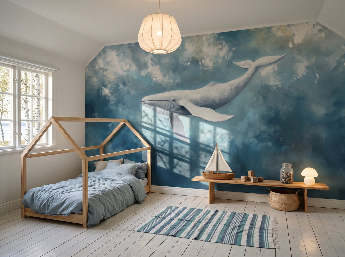 QUIET GIANT in der Raumgestaltung eines Kleinkinderzimmers: ganze Wand mit Wal über niedrigem Bett in Hausform und Regal mit Spielzeug