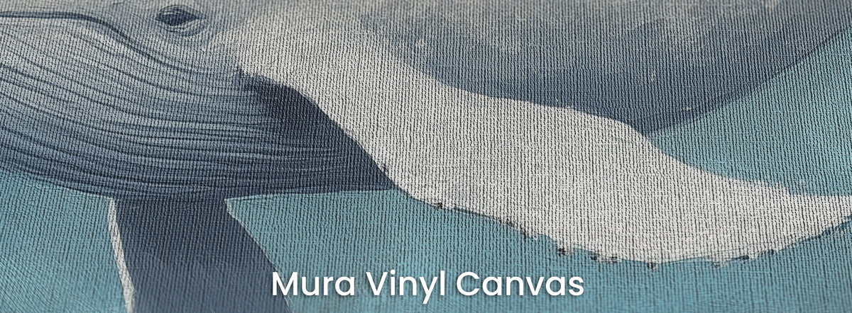 QUIET GIANT auf dem Trägermaterial Mura Vinyl Canvas: Auge, Kehle und weiße Flosse des Wals, Leinwandstruktur