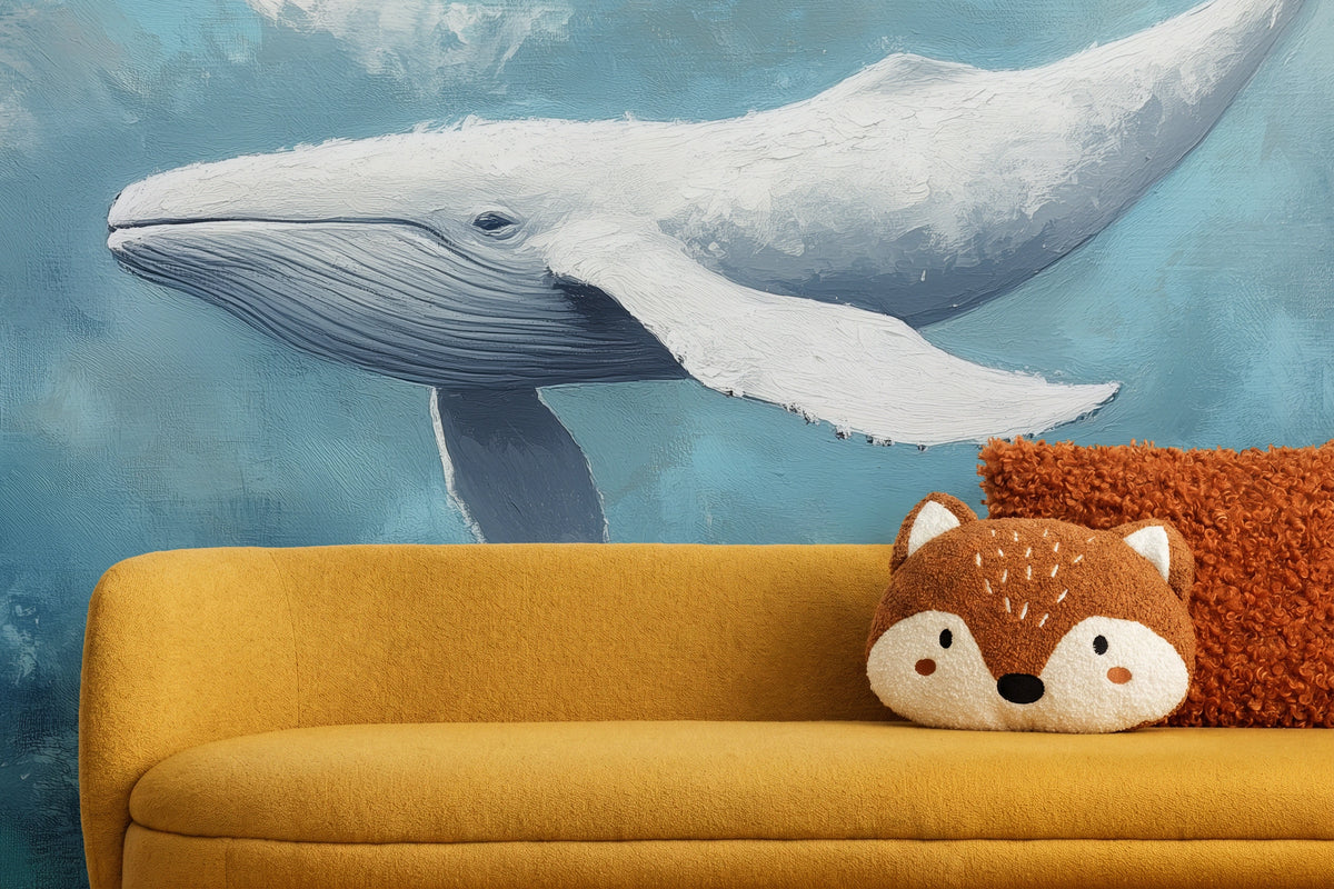 QUIET GIANT aus der Nähe: Kopf des Wals, gestreifte Kehle und weiße Flosse über senffarbenem Sofa mit Kissen in Fuchsform