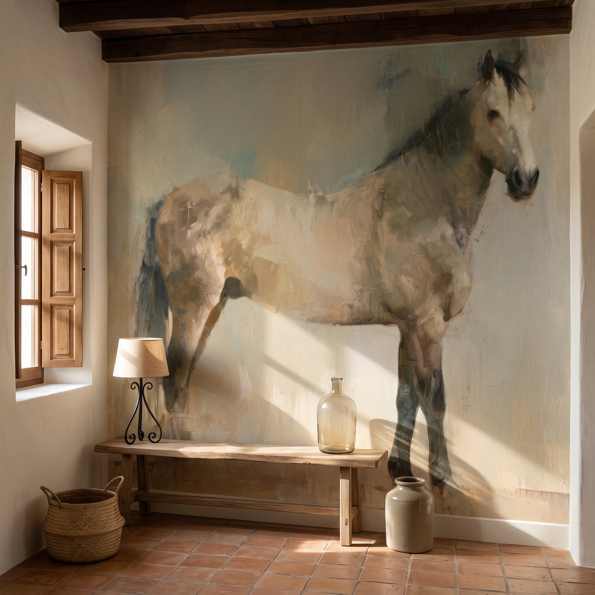 QUIET SENTINEL en una ambientación de recibidor con suelo de terracota: caballo sobre un banco de madera con lámpara y garrafa de cristal, y una jarra de gres