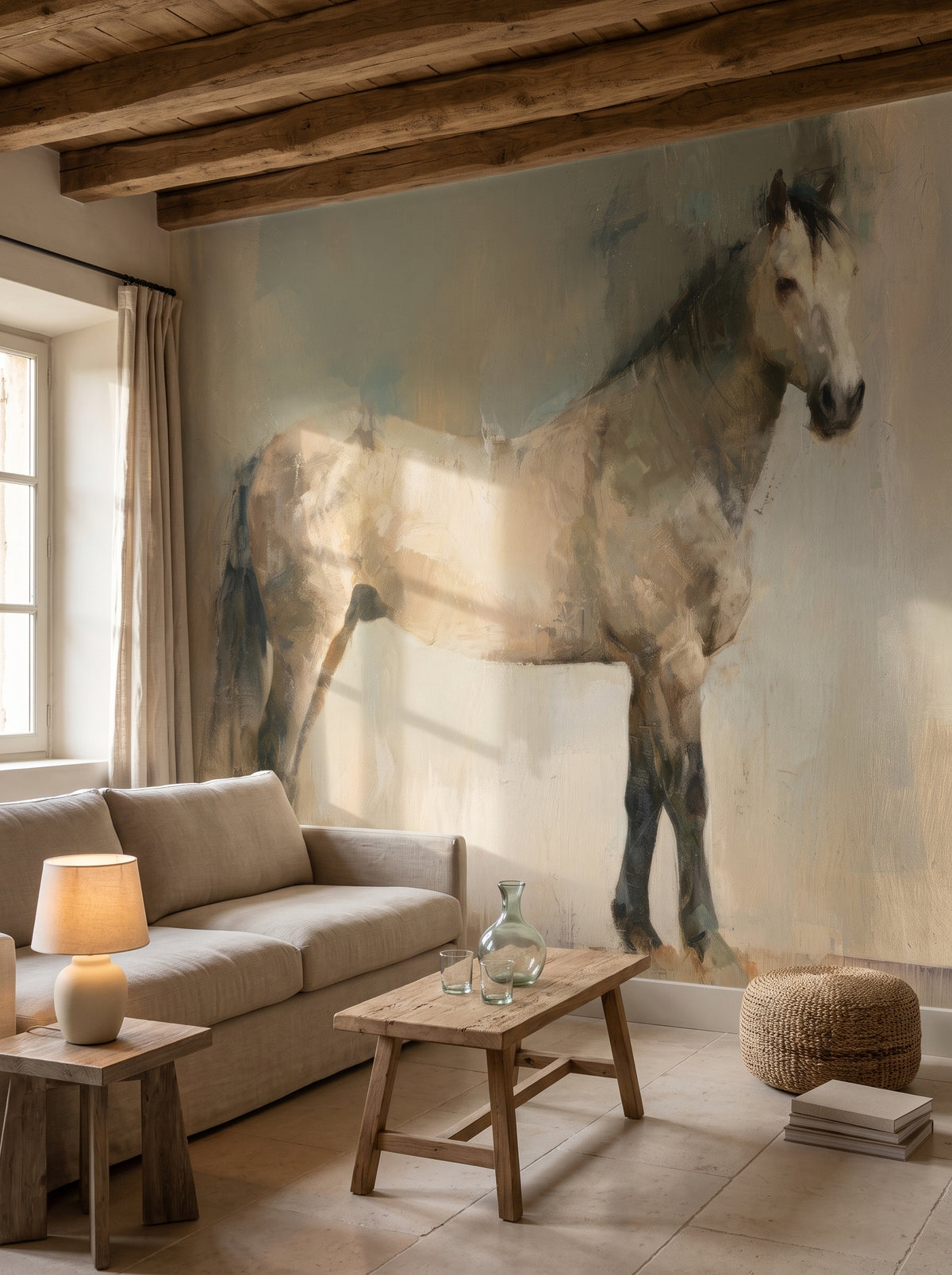 QUIET SENTINEL en una ambientación de salón en casa de piedra: caballo en beiges sobre un sofá de lino, una mesa de roble con jarra de cristal y un puf trenzado