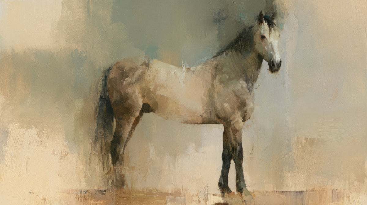 QUIET SENTINEL, diseño completo: caballo gris leonado de lado que mira al frente, fondo en beige, arena y verde grisáceo