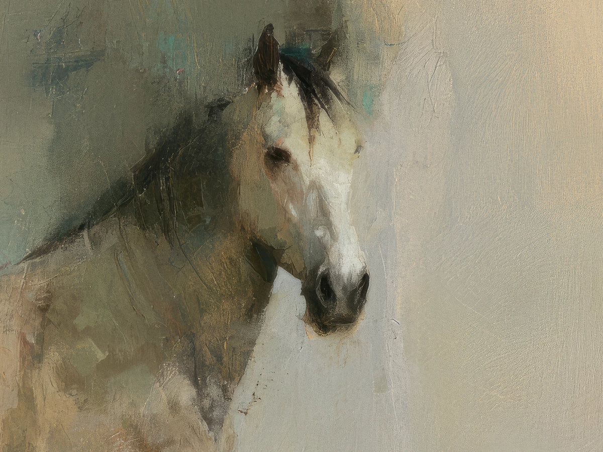 QUIET SENTINEL de cerca: cabeza del caballo con lista blanca, ojo oscuro y crin; al fondo, beige con la trama del lienzo a la vista