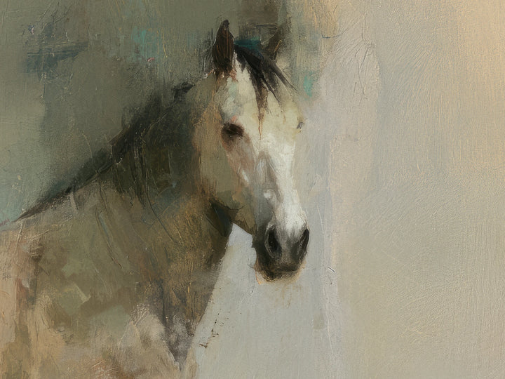 QUIET SENTINEL de cerca: cabeza del caballo con lista blanca, ojo oscuro y crin; al fondo, beige con la trama del lienzo a la vista