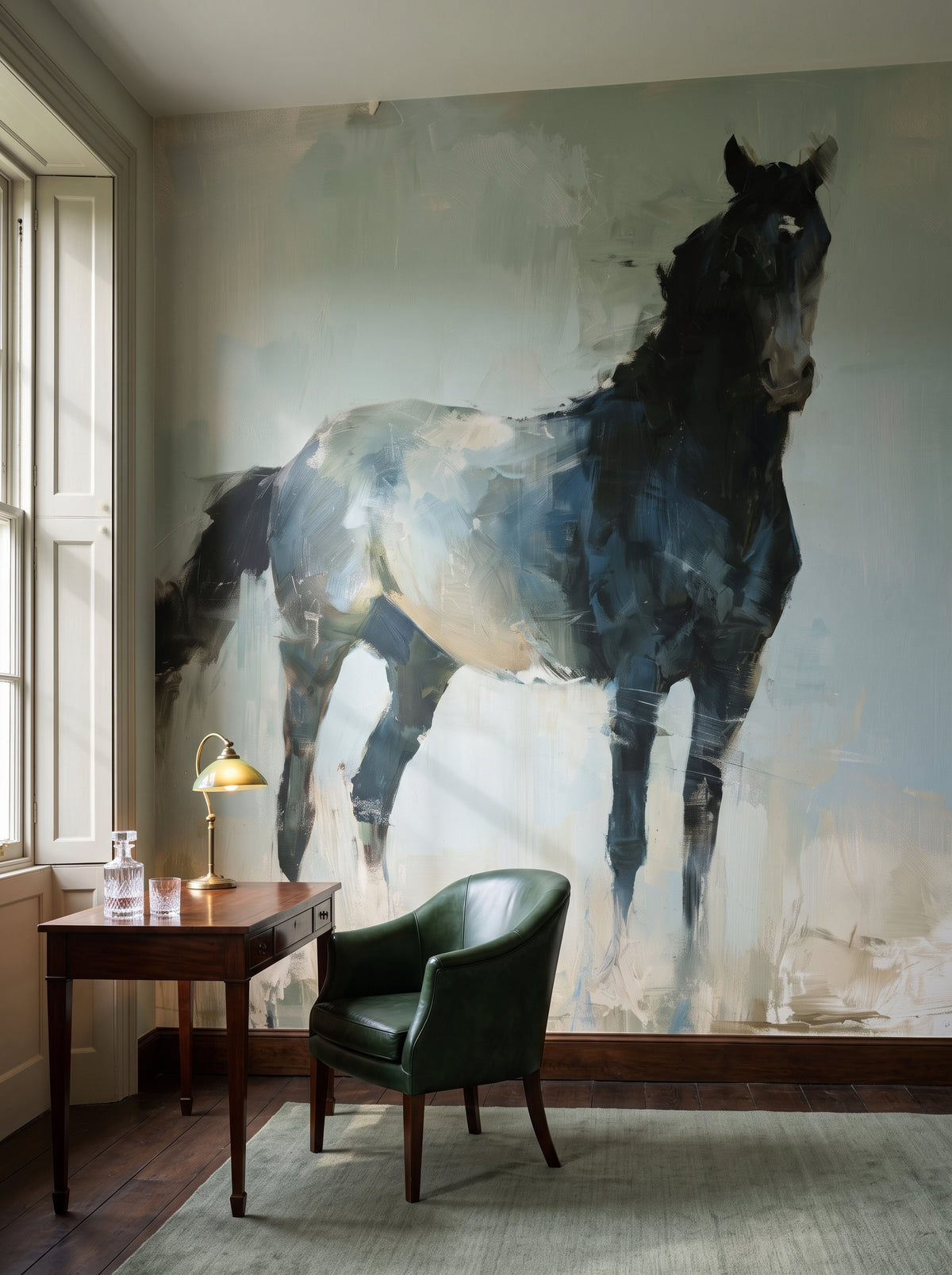 RAVEN ON SAGE en mise en scène de bureau : cheval noir sur fond sauge au-dessus d'un bureau en acajou et d'un fauteuil en cuir vert