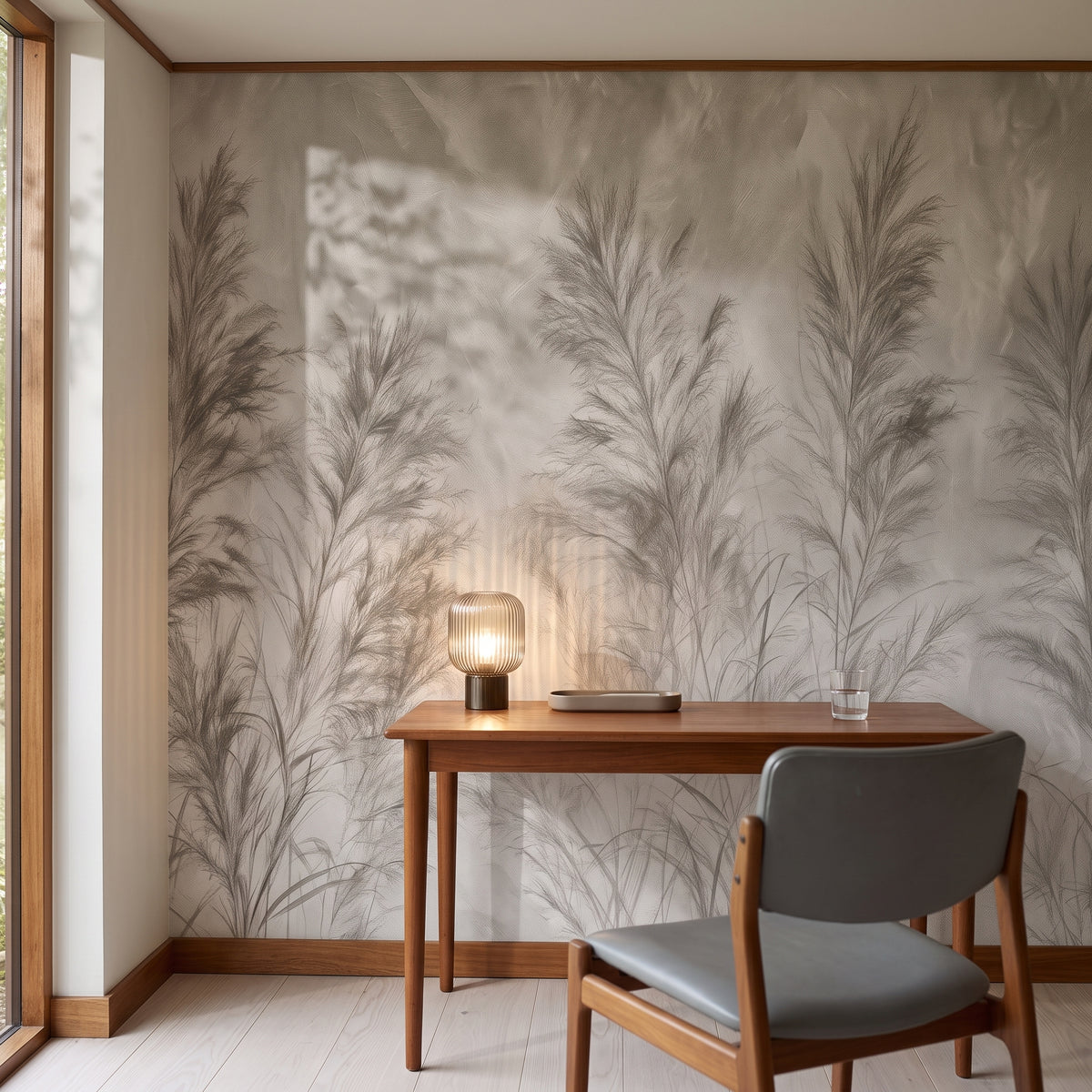 REED FRIEZE en una ambientación de despacho en Estocolmo, con un escritorio de teca con lámpara y una silla de cuero gris ante la pared