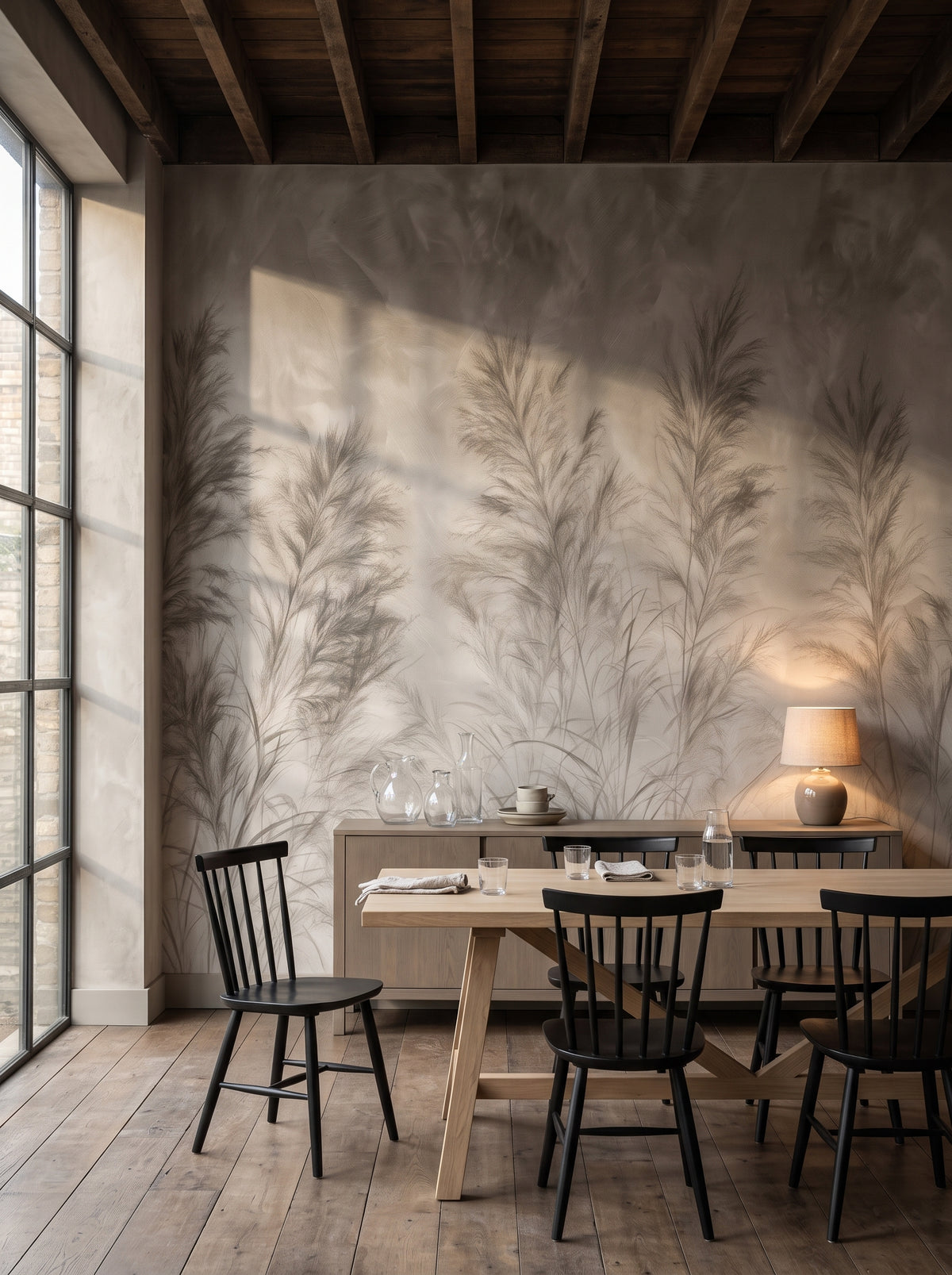 REED FRIEZE en una ambientación de comedor en un loft de Copenhague, con una mesa de roble sobre caballetes y sillas negras ante la pared