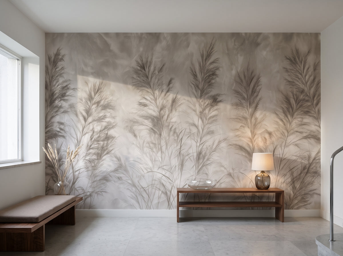 REED FRIEZE en una ambientación de recibidor en una villa de Brno, con un banco bajo de nogal y una consola con lámpara ante la pared