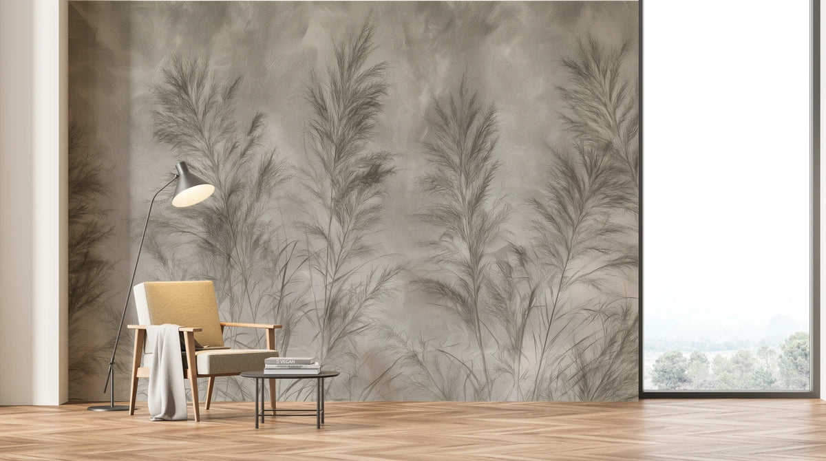 REED FRIEZE en toda la pared de un salón luminoso: espigas claramente más altas que el sillón, la lámpara de pie y la mesita