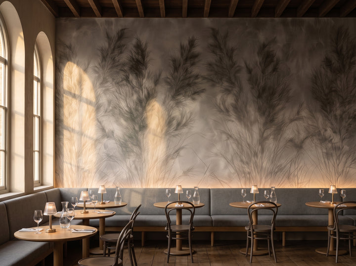 REEDBED w aranżacji restauracji z szarą tapicerowaną ławą i małymi stolikami ustawionymi wzdłuż ściany