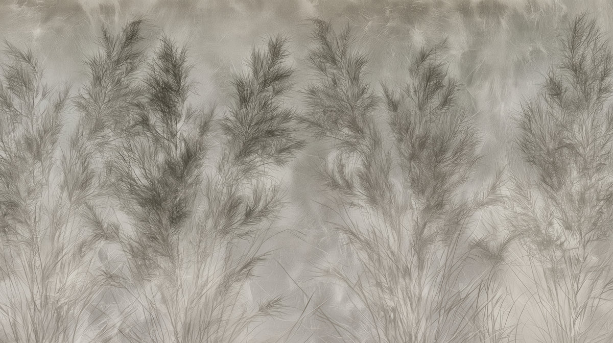 REEDBED – das ganze Motiv: drei Horste grauoliver Schilfrispen auf hellgrauem Grund mit Marmorschlieren