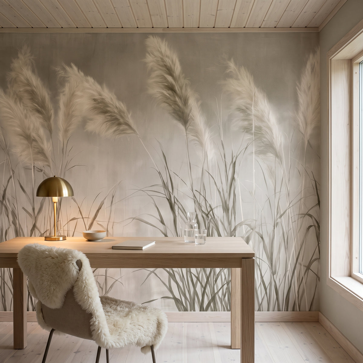 REVERENCE im Interieur eines Arbeitszimmers mit Holzdielendecke, davor ein heller Eichenschreibtisch mit Messinglampe und Stuhl mit Schaffell