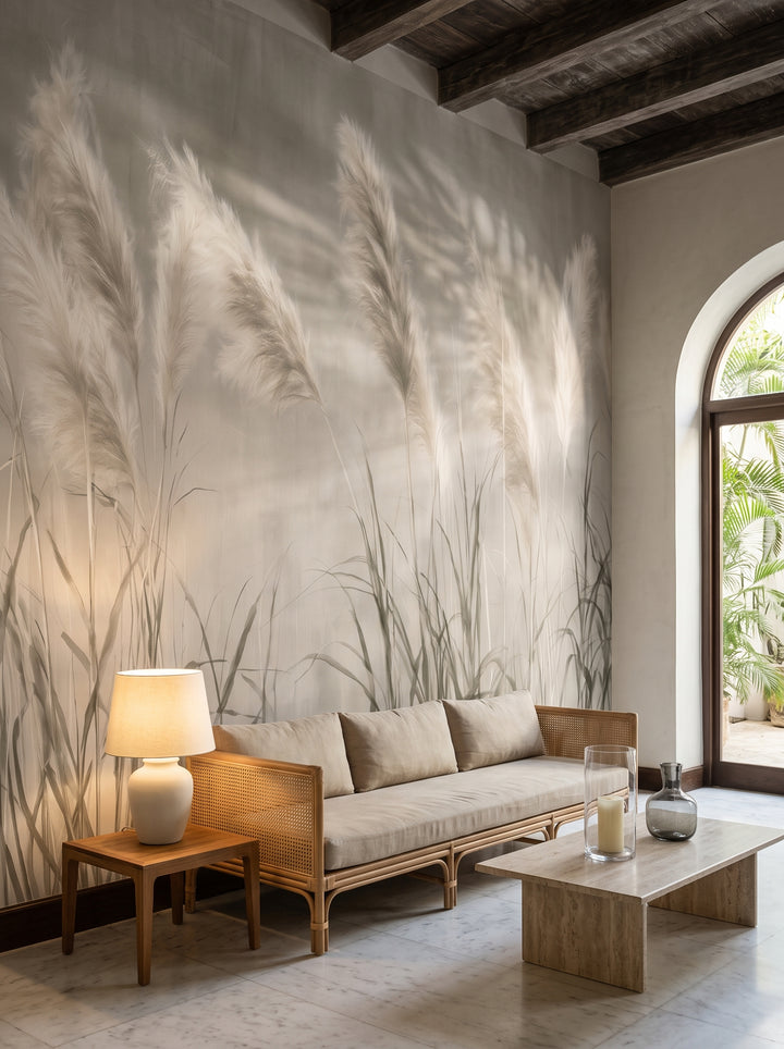 REVERENCE en una ambientación del lobby de un hotel boutique, ante la pared un sofá de ratán y una mesa baja de travertino