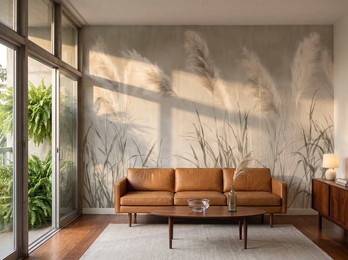 REVERENCE im Interieur eines Wohnzimmers in einem modernistischen Apartment, davor ein niedriges Ledersofa und ein Sideboard