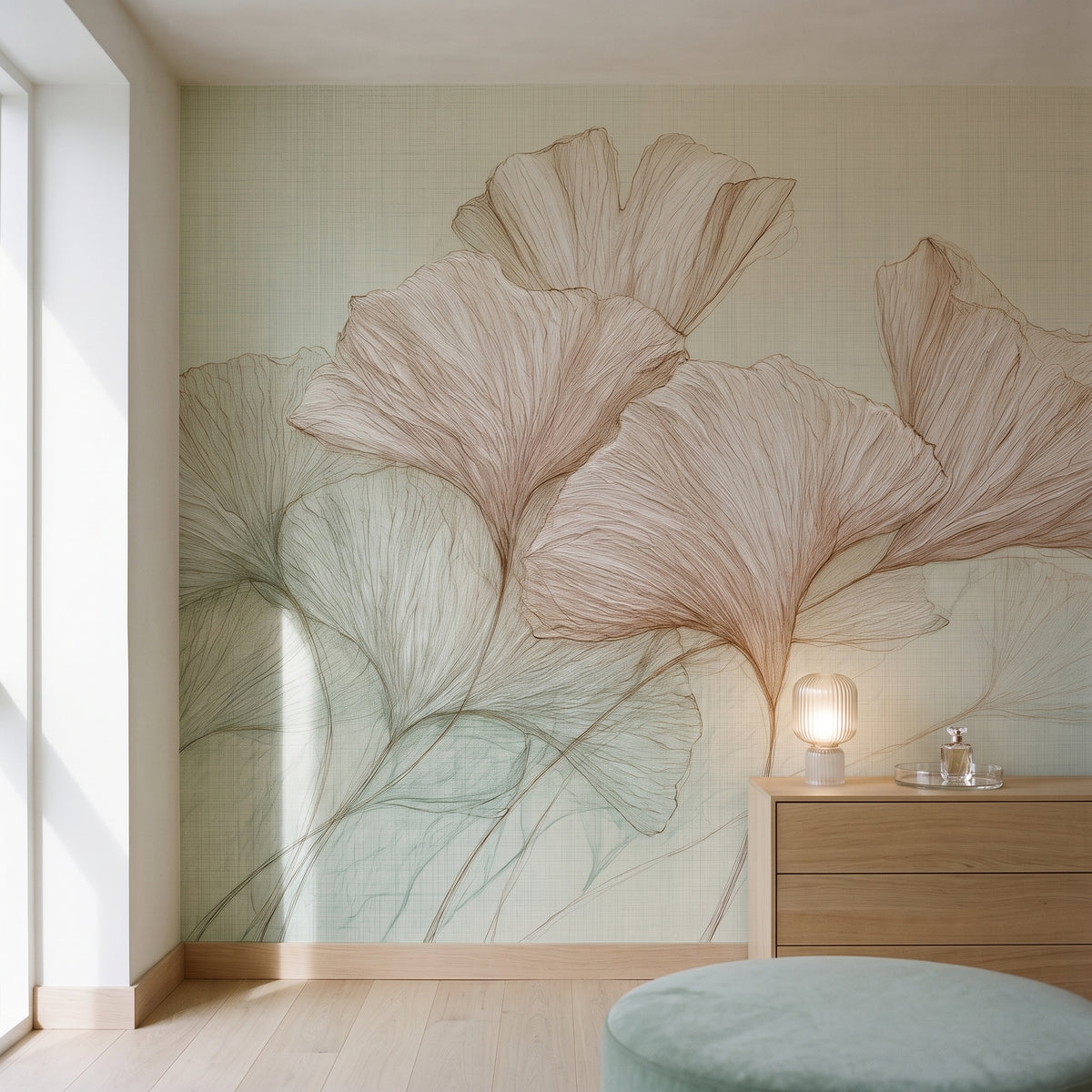 RICE PAPER mis en scène dans un dressing d'un penthouse copenhaguois, devant le mur une commode basse en chêne et un pouf céladon