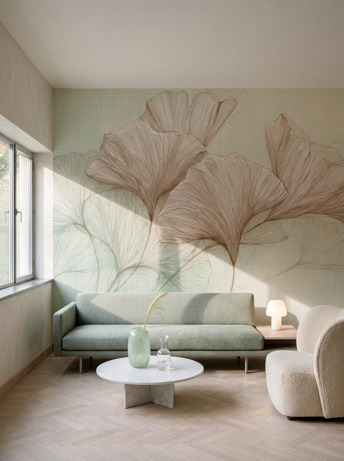 RICE PAPER mis en scène dans un salon d'une villa fonctionnaliste à Brno, devant le mur un canapé bas céladon et une table en marbre