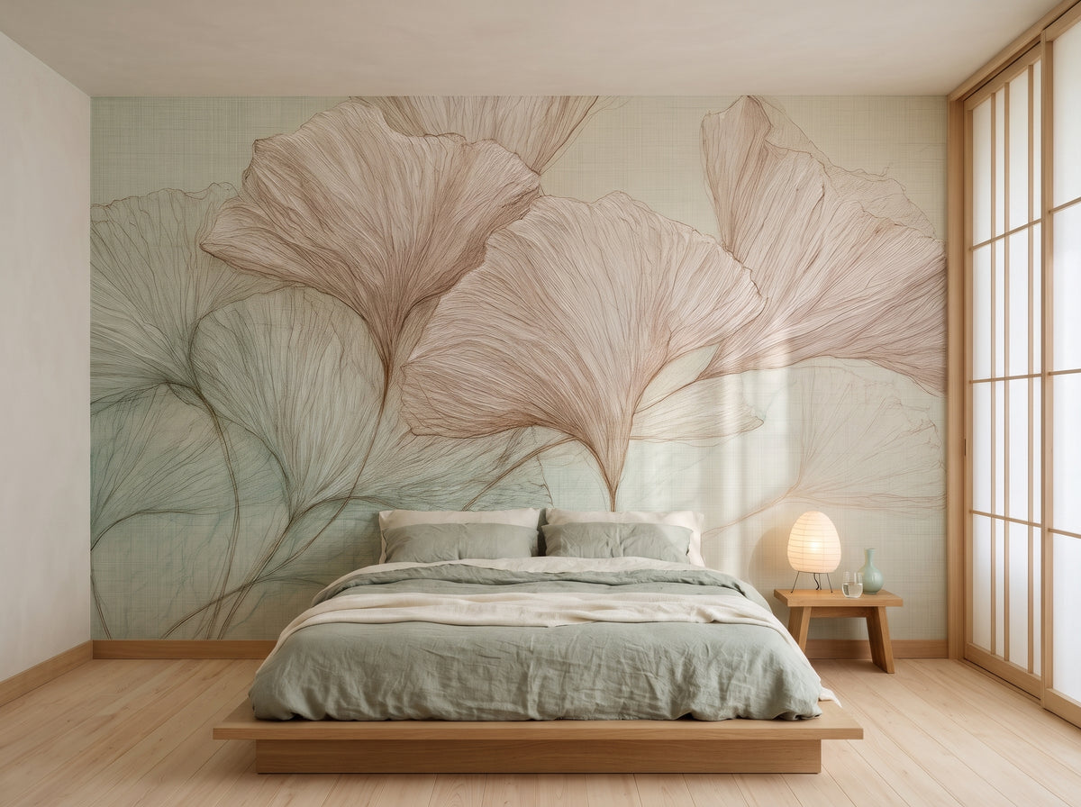 RICE PAPER mis en scène dans une chambre d'une maison à Kanazawa, devant le mur un lit très bas au linge vert et crème