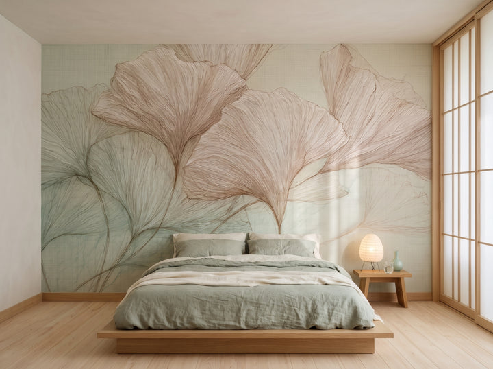 RICE PAPER mis en scène dans une chambre d'une maison à Kanazawa, devant le mur un lit très bas au linge vert et crème