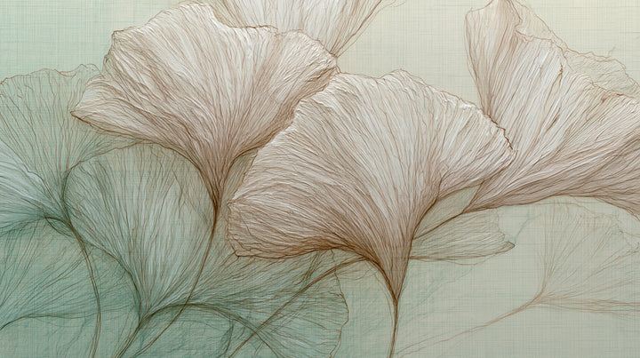 RICE PAPER – motif entier : feuilles de ginkgo crème à l'aspect de papier froissé et aux nervures brunes sur un fond menthe