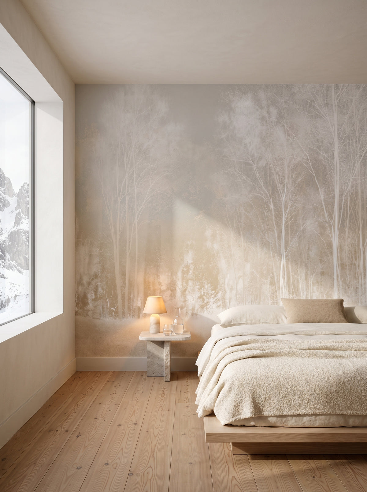 RIME BOUGHS en mise en scène dans une suite d'hôtel des Dolomites, avec un lit bas devant le mur