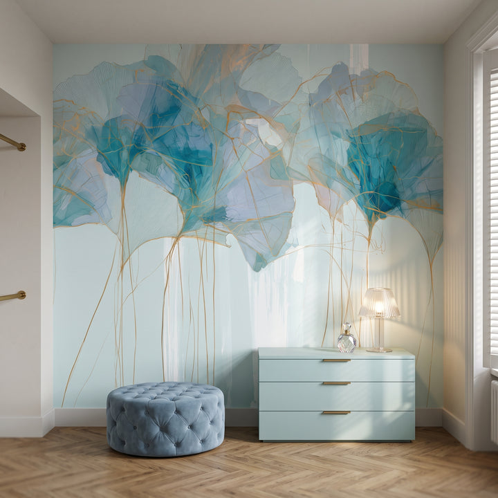 RIVULET mis en scène dans un dressing d'un immeuble de Buenos Aires, devant le mur un pouf en velours et une commode basse turquoise clair