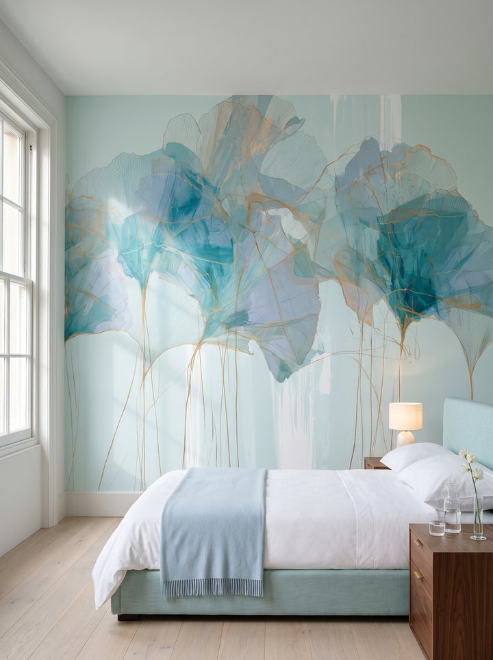 RIVULET mis en scène dans une chambre d'un immeuble géorgien à Dublin, devant le mur un lit bas à la tête de lit turquoise clair