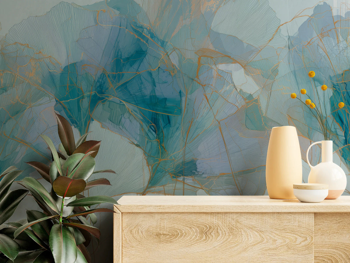 RIVULET de près – feuilles turquoise et lilas aux lignes ocre, au-dessus d'une commode en bois avec des vases