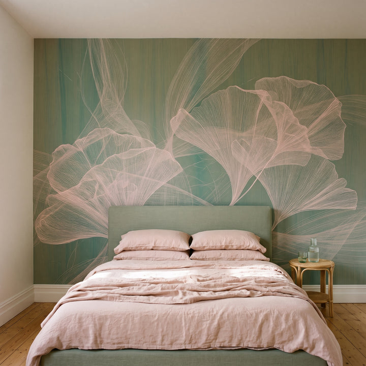ROSE GOSSAMER w aranżacji sypialni w domu szeregowym w Melbourne, przed ścianą łóżko z lnianym wezgłowiem