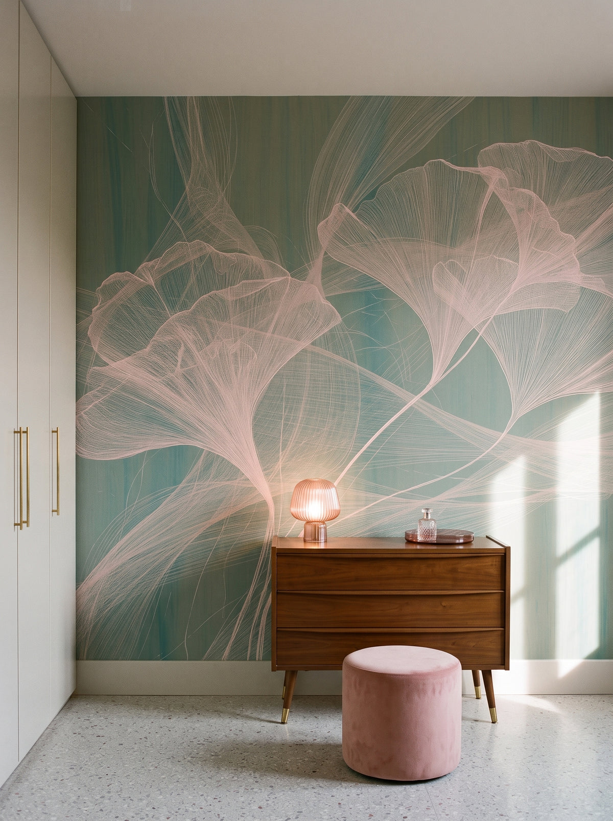 ROSE GOSSAMER in der Raumgestaltung eines Ankleidezimmers in einem Mailänder Apartment, davor eine Nussbaumkommode und ein rosafarbener Pouf