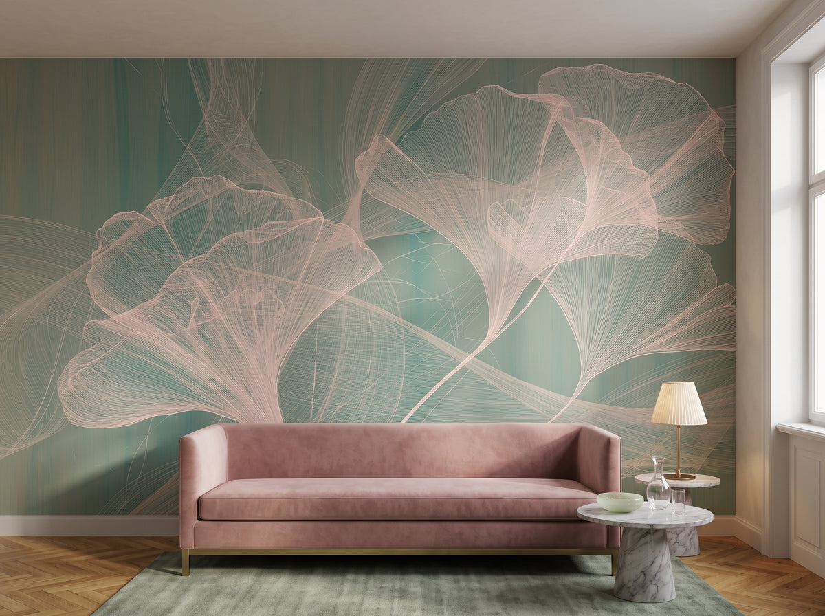 ROSE GOSSAMER in der Raumgestaltung eines Apartments in einem Wiener Hotel, davor ein niedriges rosafarbenes Sofa und ein Marmortisch